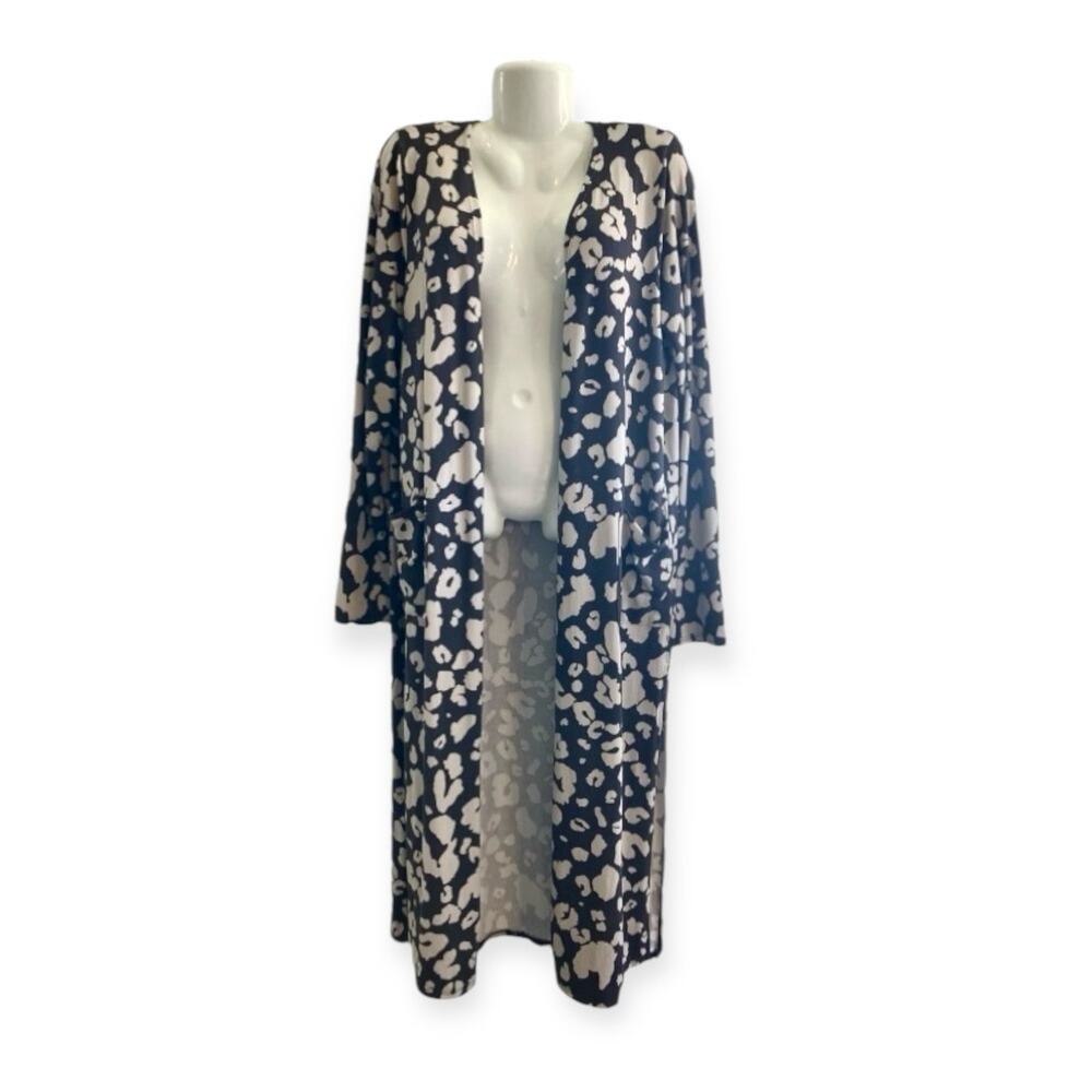 Bling Glamour Women's Charcoal/Cream Print Long Sweater Cardigan Pockets SZ Lg